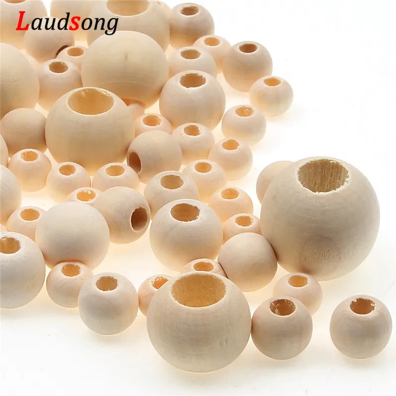 Cuentas de madera Natural con agujero grande de 10-40mm, bola redonda, cuentas espaciadoras sueltas para fabricación de joyería, pulsera DIY, suministro de collares
