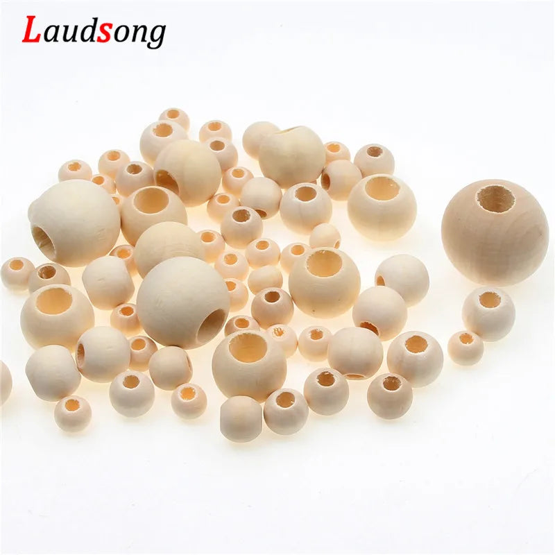 Cuentas de madera Natural con agujero grande de 10-40mm, bola redonda, cuentas espaciadoras sueltas para fabricación de joyería, pulsera DIY, suministro de collares