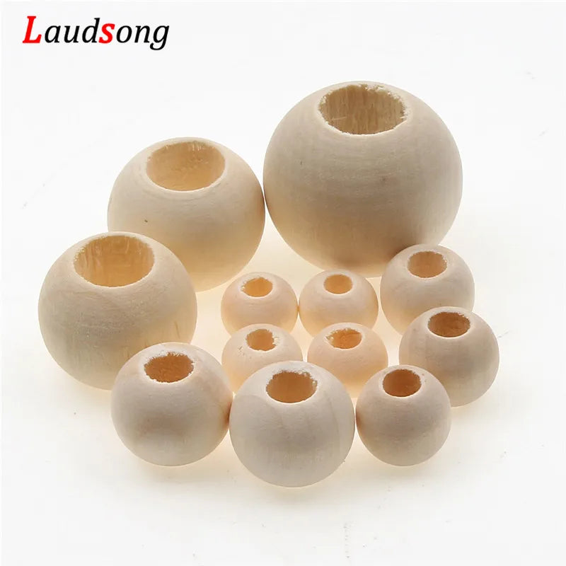 Cuentas de madera Natural con agujero grande de 10-40mm, bola redonda, cuentas espaciadoras sueltas para fabricación de joyería, pulsera DIY, suministro de collares
