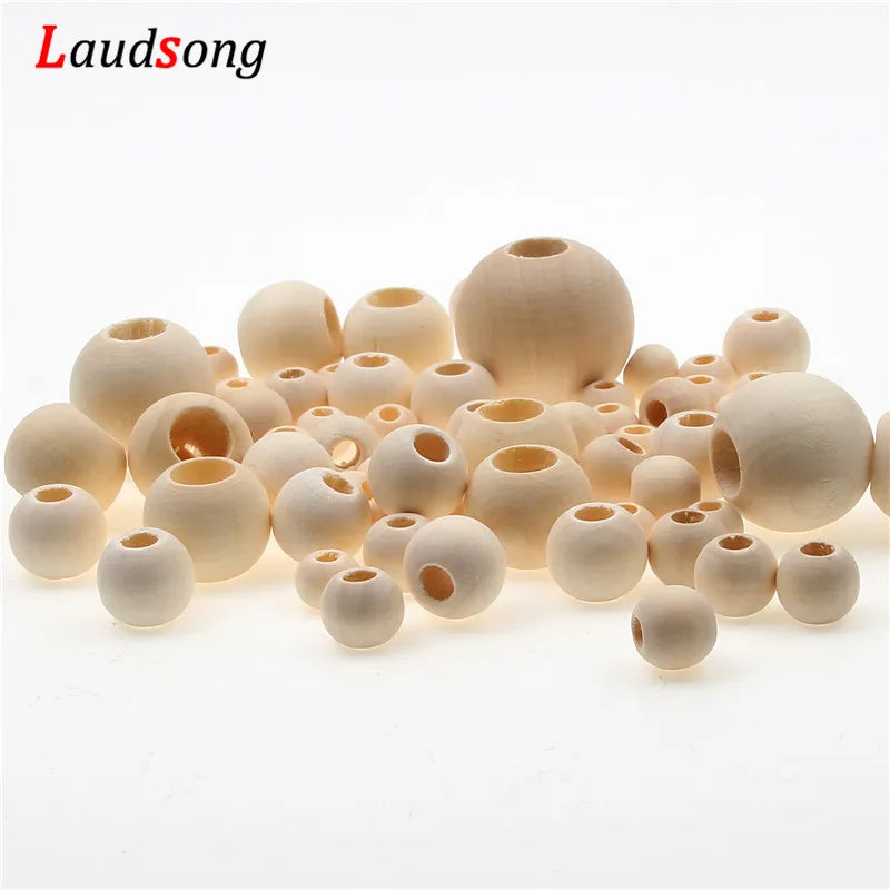 Cuentas de madera Natural con agujero grande de 10-40mm, bola redonda, cuentas espaciadoras sueltas para fabricación de joyería, pulsera DIY, suministro de collares