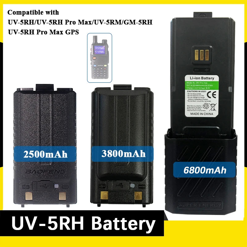 Baofeng UV-5RH Walklie Talkie batería 2500/3800/6800mah tipo C cargador USB UV-5G Plus UV-5RM GM-5RH AR-5RM baterías recargables