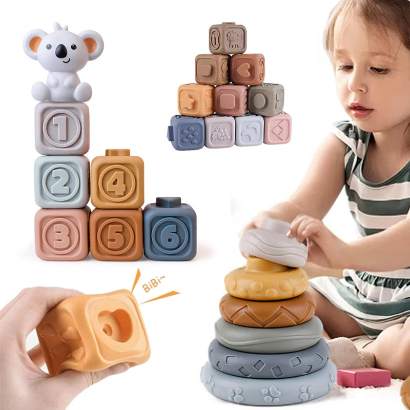 Bloques de construcción de silicona Montessori para bebé, juguetes de apilador y dentición de Koala, iluminación intelectual, rompecabezas 3D temprano