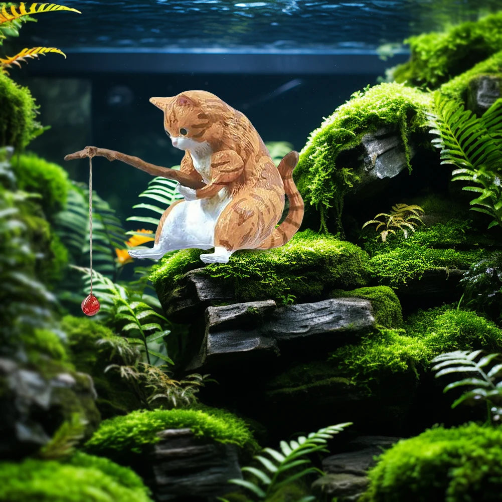 Estatuilla de pesca para gatos, escultura de gato sentado, adorno de resina, muebles decorativos para acuario, 1-5 piezas