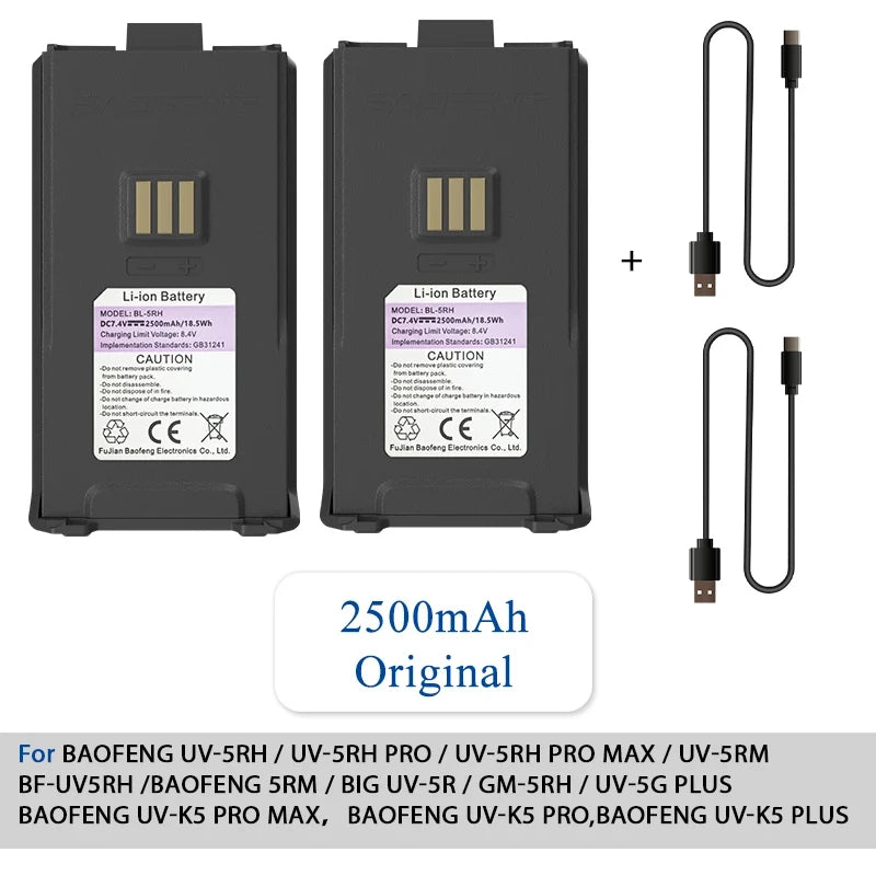 Baofeng UV-5RH Walklie Talkie batería 2500/3800/6800mah tipo C cargador USB UV-5G Plus UV-5RM GM-5RH AR-5RM baterías recargables
