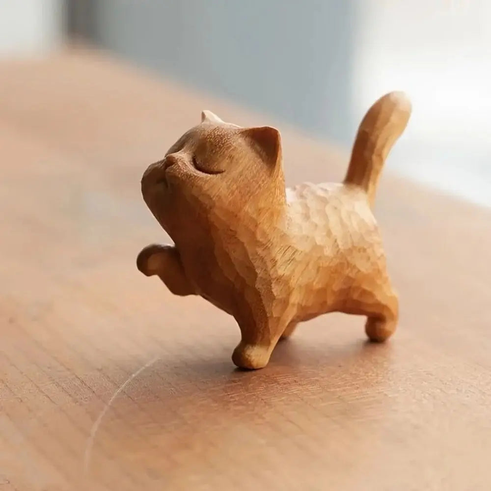 Estatua de gato de madera tallada a mano, modelo de gato, escultura de gato pequeño lindo, estatuilla de Animal creativa de dibujos animados, regalos para niños