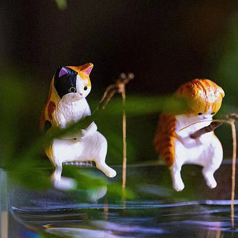 Estatuilla de pesca para gatos, escultura de gato sentado, adorno de resina, muebles decorativos para acuario, 1-5 piezas