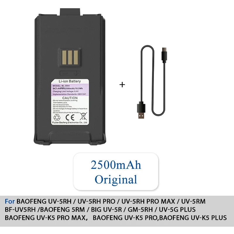 Baofeng UV-5RH Walklie Talkie batería 2500/3800/6800mah tipo C cargador USB UV-5G Plus UV-5RM GM-5RH AR-5RM baterías recargables