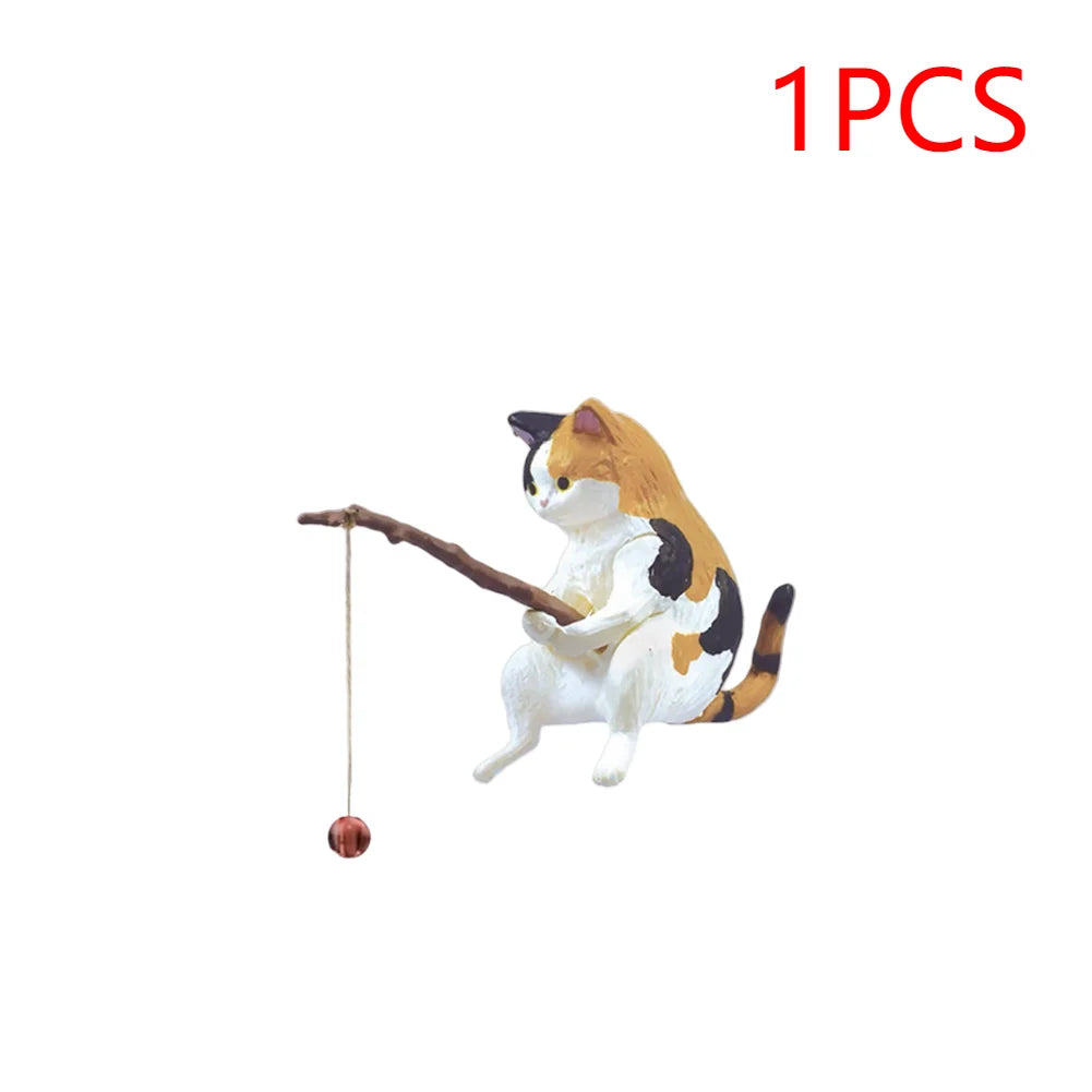 Estatuilla de pesca para gatos, escultura de gato sentado, adorno de resina, muebles decorativos para acuario, 1-5 piezas