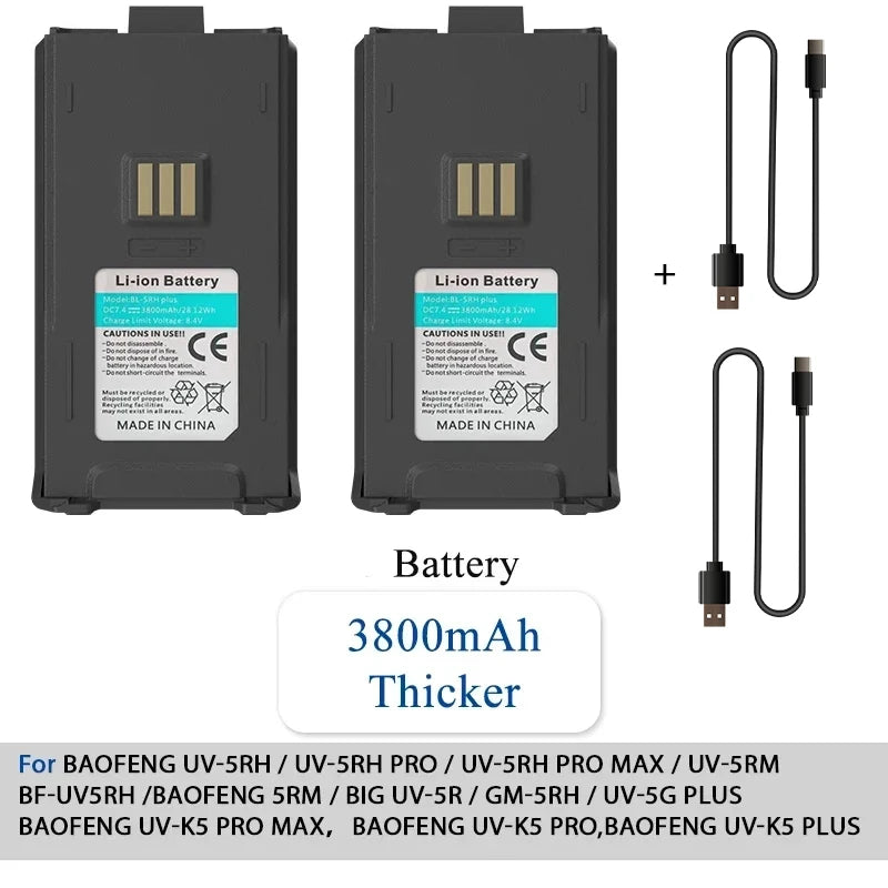 Baofeng UV-5RH Walklie Talkie batería 2500/3800/6800mah tipo C cargador USB UV-5G Plus UV-5RM GM-5RH AR-5RM baterías recargables