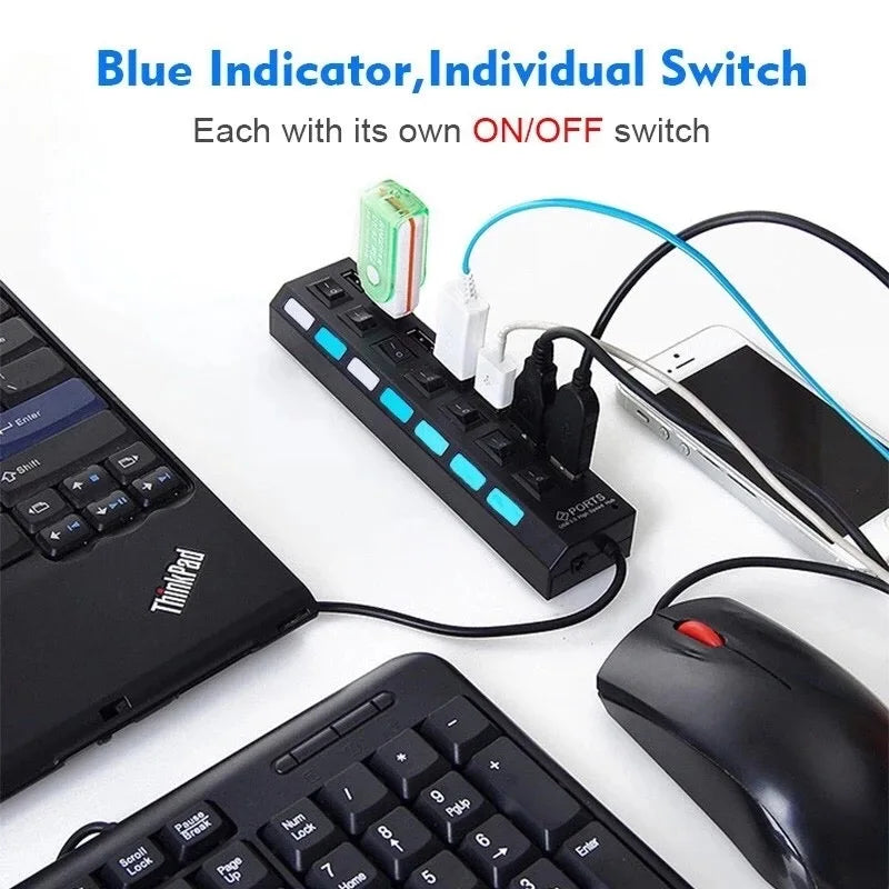 Adaptador de corriente Multi USB Hub con 7 puertos, expansor múltiple con interruptor de encendido y APAGADO para PC, portátil, MacBook, accesorios