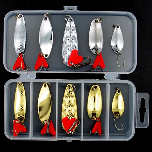 10 unids/set oro y plata plantilla de Metal cuchara Spinner señuelo de pesca Wobbler juego de cebo con caja de aparejos de pesca Kit para pesca