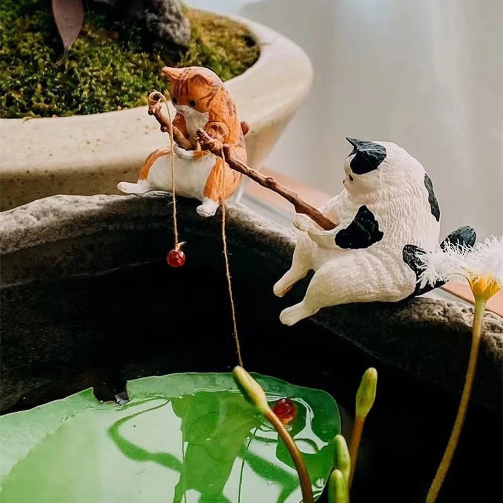 Estatuilla de pesca para gatos, escultura de gato sentado, adorno de resina, muebles decorativos para acuario, 1-5 piezas