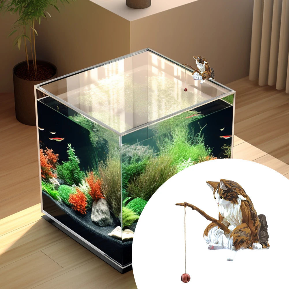 Estatuilla de pesca para gatos, escultura de gato sentado, adorno de resina, muebles decorativos para acuario, 1-5 piezas