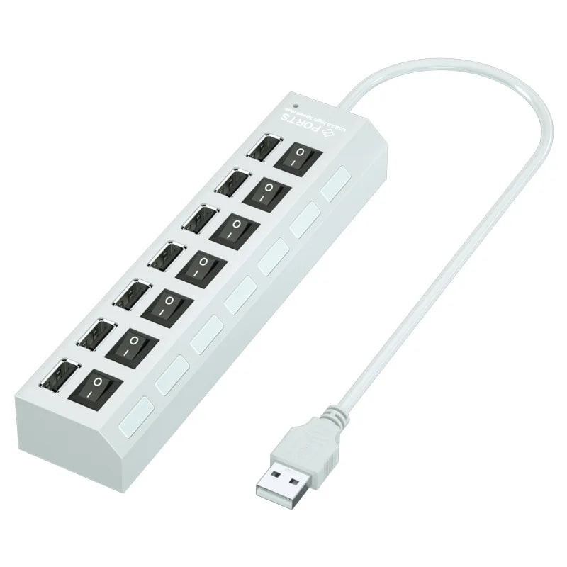 Adaptador de corriente Multi USB Hub con 7 puertos, expansor múltiple con interruptor de encendido y APAGADO para PC, portátil, MacBook, accesorios