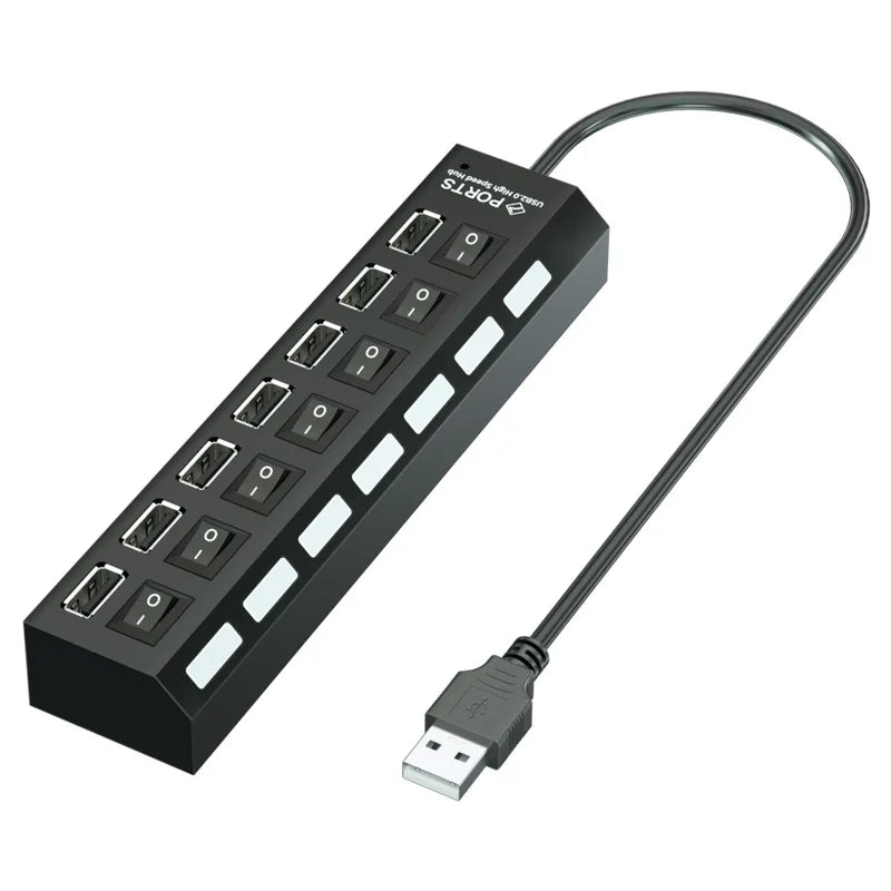 Adaptador de corriente Multi USB Hub con 7 puertos, expansor múltiple con interruptor de encendido y APAGADO para PC, portátil, MacBook, accesorios
