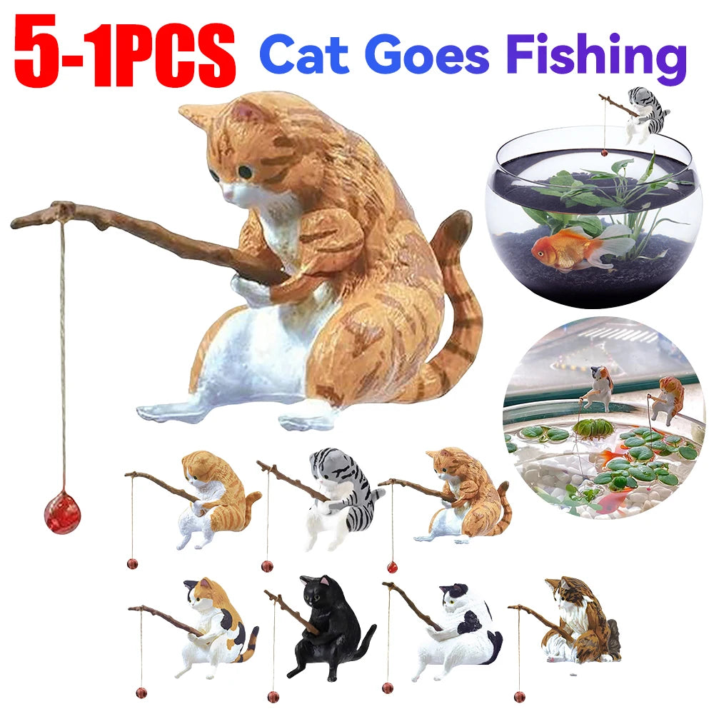 Estatuilla de pesca para gatos, escultura de gato sentado, adorno de resina, muebles decorativos para acuario, 1-5 piezas