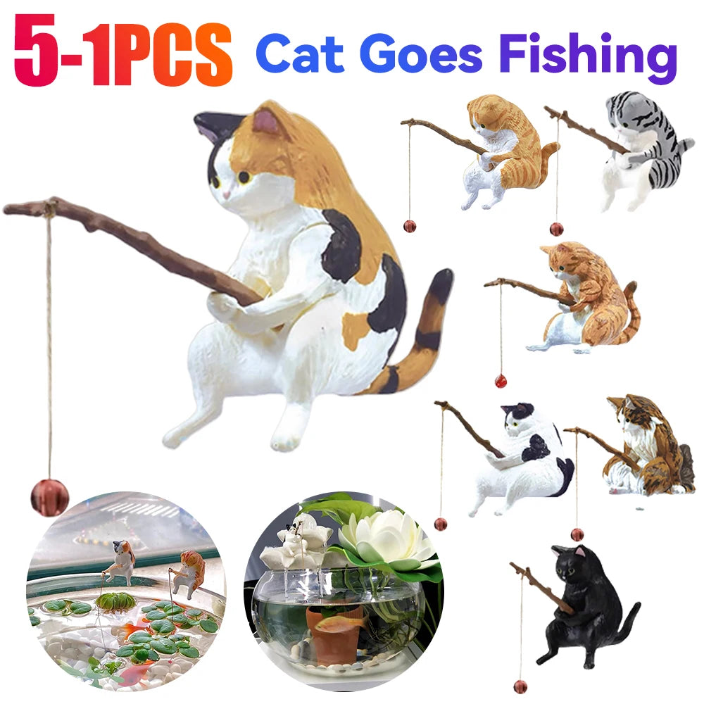 Estatuilla de pesca para gatos, escultura de gato sentado, adorno de resina, muebles decorativos para acuario, 1-5 piezas