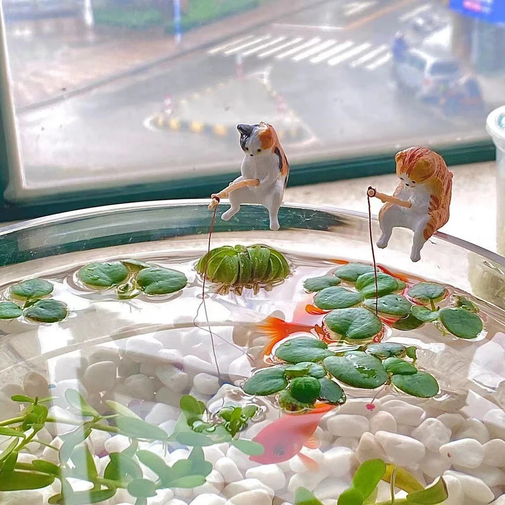 Estatuilla de pesca para gatos, escultura de gato sentado, adorno de resina, muebles decorativos para acuario, 1-5 piezas