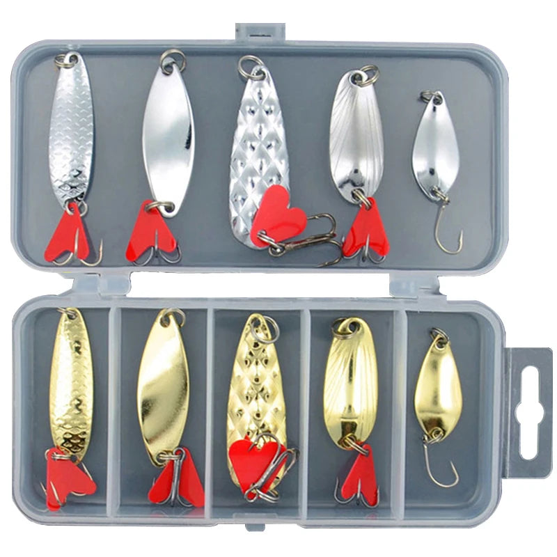 10 unids/set oro y plata plantilla de Metal cuchara Spinner señuelo de pesca Wobbler juego de cebo con caja de aparejos de pesca Kit para pesca