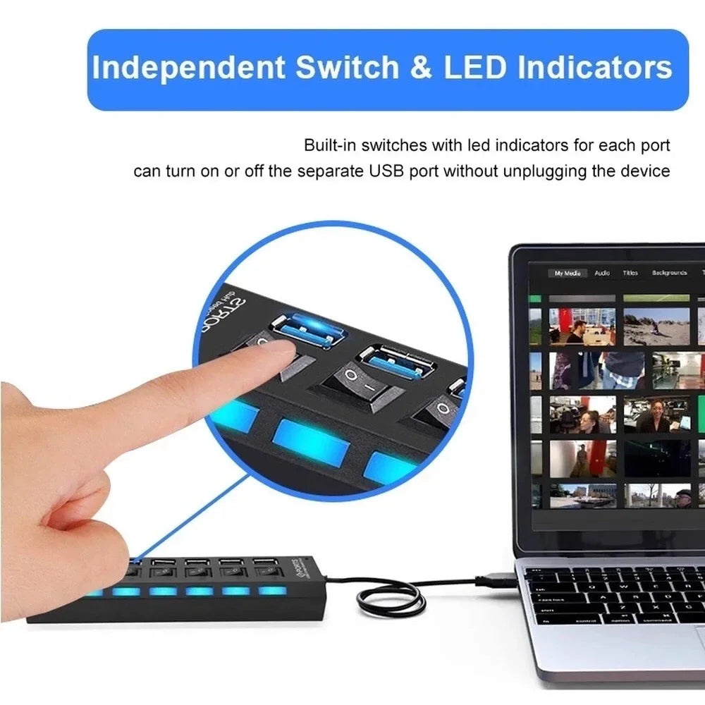Adaptador de corriente Multi USB Hub con 7 puertos, expansor múltiple con interruptor de encendido y APAGADO para PC, portátil, MacBook, accesorios