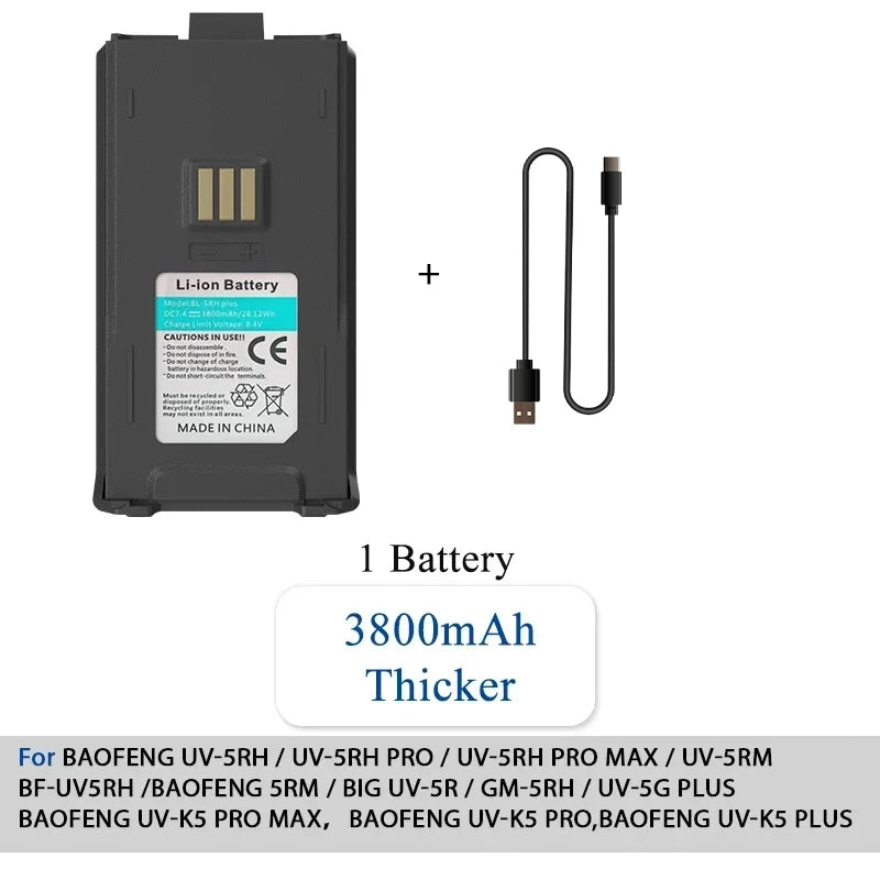 Baofeng UV-5RH Walklie Talkie batería 2500/3800/6800mah tipo C cargador USB UV-5G Plus UV-5RM GM-5RH AR-5RM baterías recargables