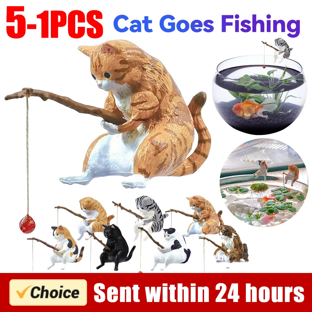 Estatuilla de pesca para gatos, escultura de gato sentado, adorno de resina, muebles decorativos para acuario, 1-5 piezas